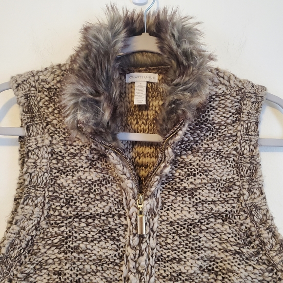 Charter Club Brown Tweed Metallic Faux Fur Collar Wool Blend Zipper Boho Vest - Picture 4 of 13